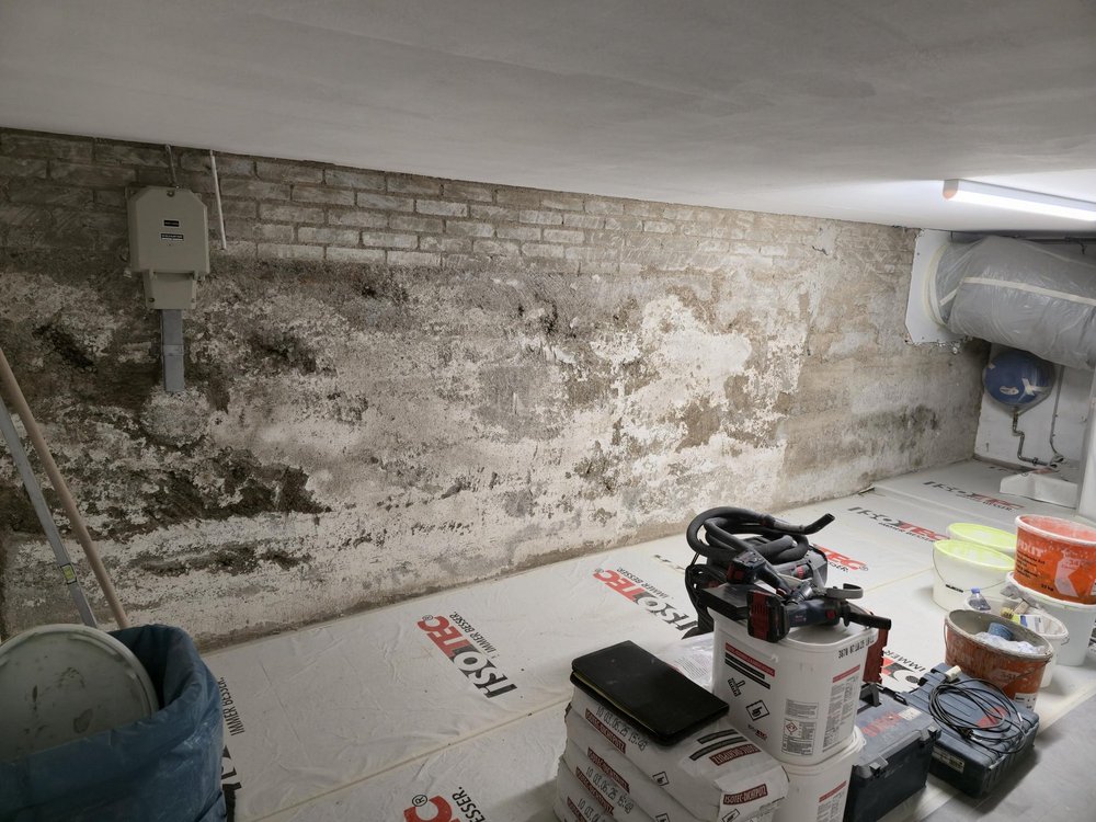 Schimmelbefall an Kellerwand mit abblätternder heller Beschichtung, Baustelle mit Werkzeugen