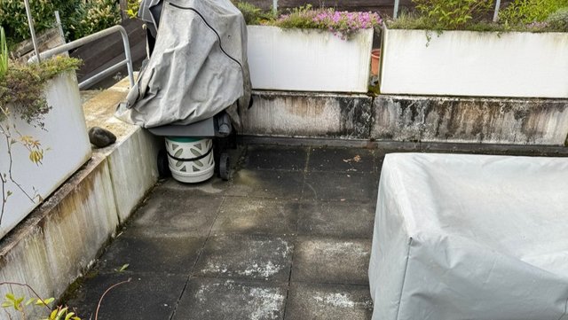 Verschmutzte Terrassenplatten mit weißen Ablagerungen, Pflanzkübel am Rand und abgedeckte Möbel.