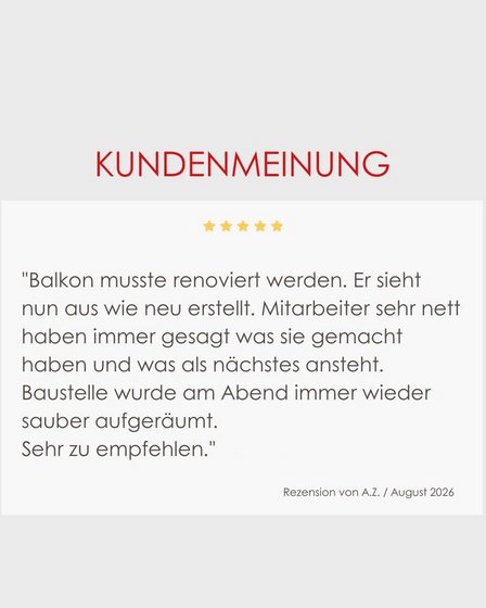 Kundenmeinung mit fünf Sternen zur Balkonrenovierung, Zitattext und Datum August 2026