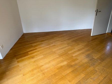 Leerer Raum mit Parkettboden und weißen Wänden, Blick zur offenen Tür