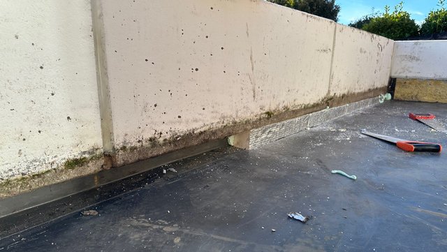Verschmutzte Balkonbrüstung mit Algenrand, schwarzer Folienbelag und Spachtelwerkzeug.