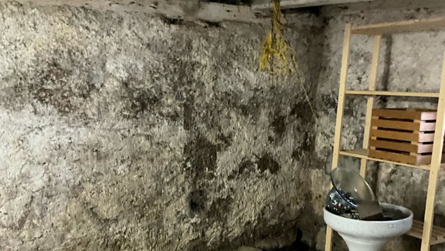 Alte, unebene Kellerwand mit dunklen Stellen und Holzregal rechts.