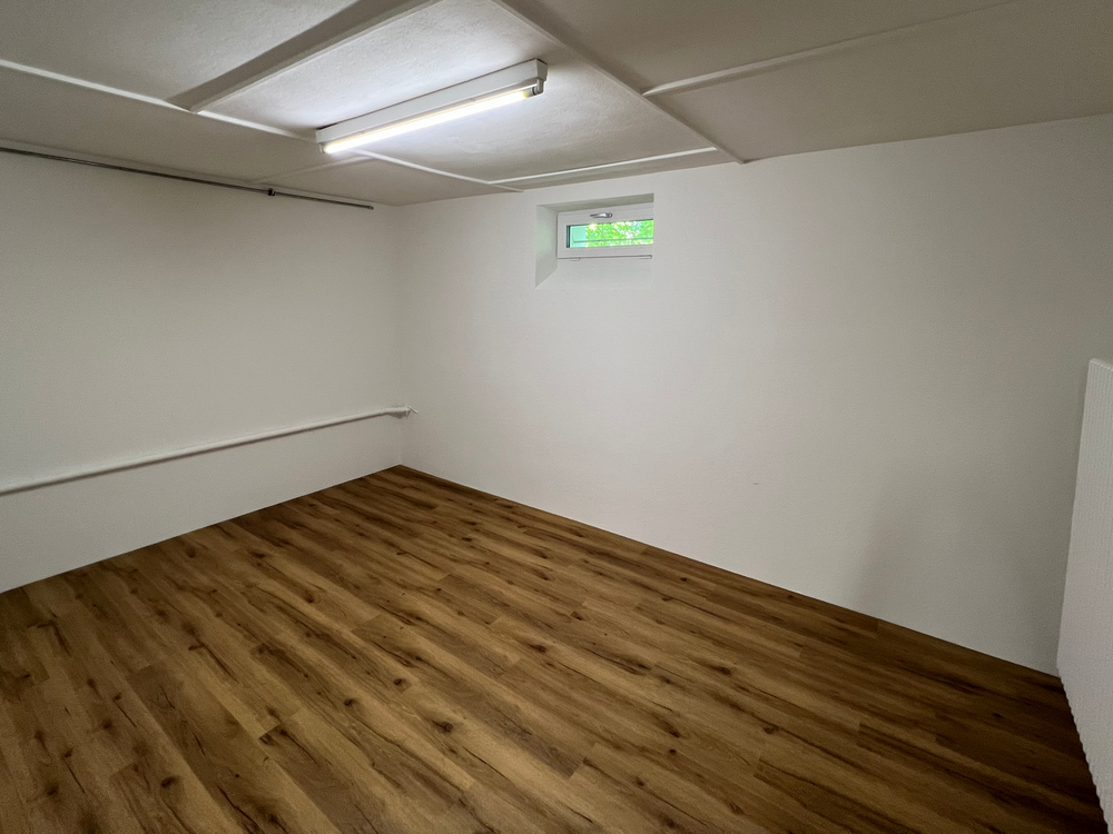 Leerer Kellerraum mit weißen Wänden, Holzoptikboden, Deckenleuchte und kleinem Fenster