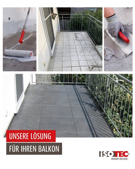 Balkon mit hellem und dunklem Fliesenboden, Rolle und Kelle verteilen graue Masse.