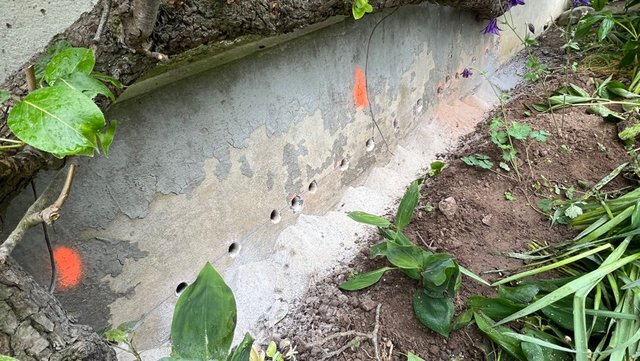 Bohrlöcherreihe in grauer Masse am Sockelbereich eines Gebäudes, Erde und Pflanzen im Vordergrund